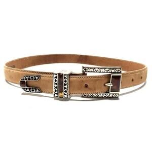 Brighton 90s Vintage Tan Leather Decorative Silver Buckle Belt S